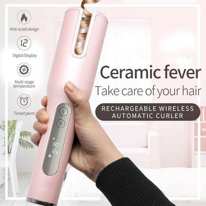 Pink Wireless Automatic Curler USB LCD Screen