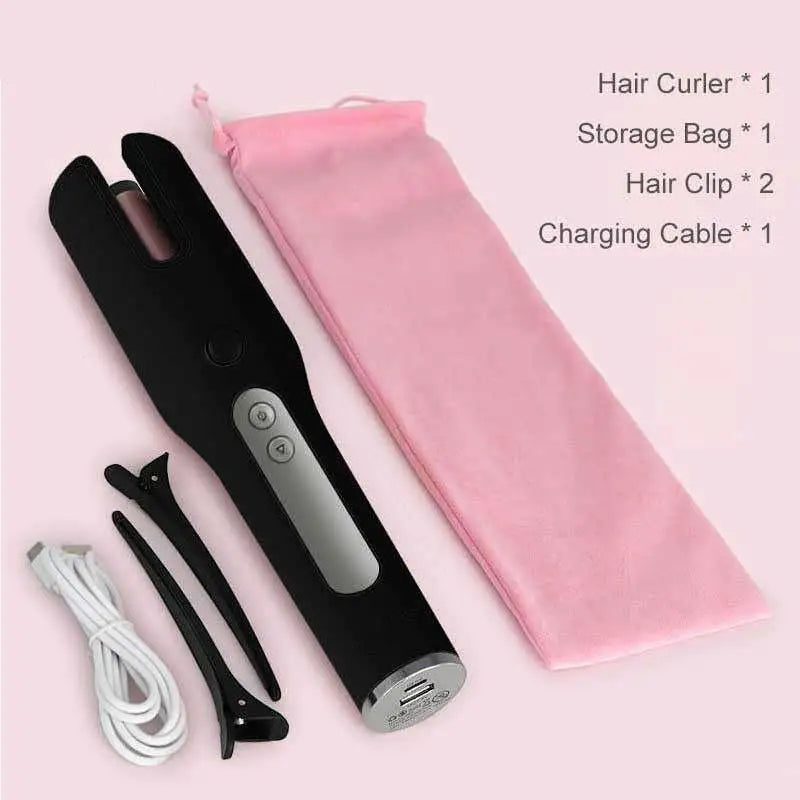 Pink Wireless Automatic Curler USB LCD Screen