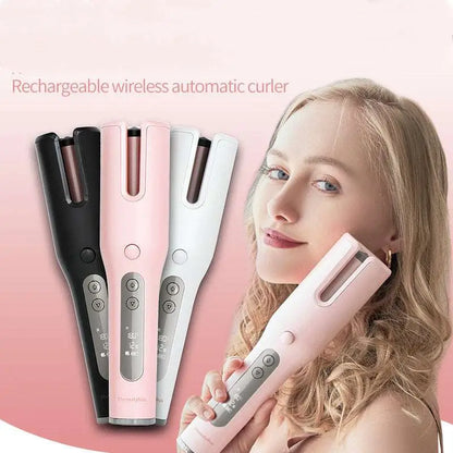 Pink Wireless Automatic Curler USB LCD Screen