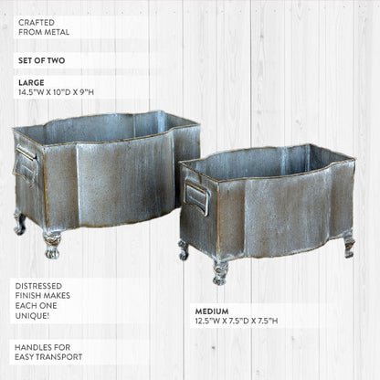 Aged Metal Footed Planters, Set of Two