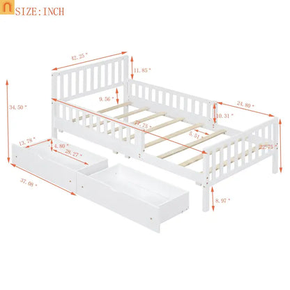 Bed Frame Platform Wood White Twin Storage Drawers Guardrails