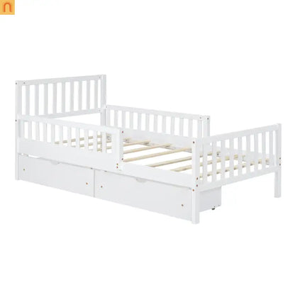 Bed Frame Platform Wood White Twin Storage Drawers Guardrails