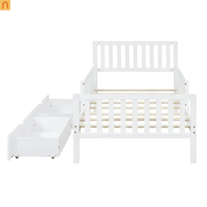 Bed Frame Platform Wood White Twin Storage Drawers Guardrails