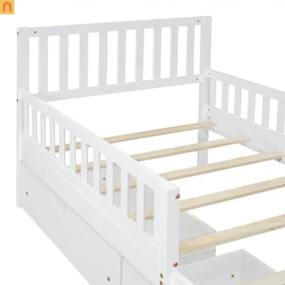 Bed Frame Platform Wood White Twin Storage Drawers Guardrails