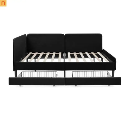 Bed Frame Daybed Platform Velvet Black Full 2 Drawers 300 lb
