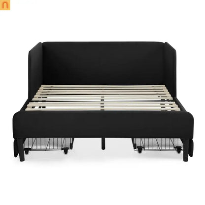 Bed Frame Daybed Platform Velvet Black Full 2 Drawers 300 lb