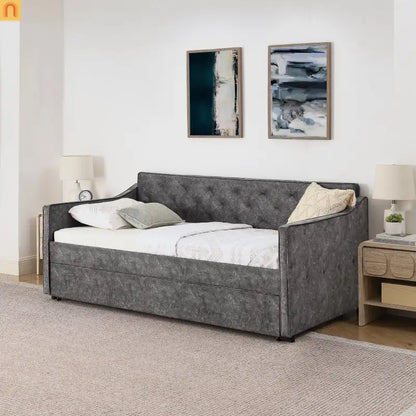 Bed Frame Daybed Twin Velvet Gray Pop-Up Trundle USB 300 lb
