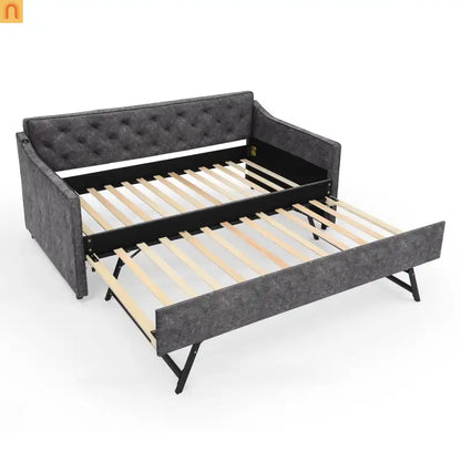 Bed Frame Daybed Twin Velvet Gray Pop-Up Trundle USB 300 lb