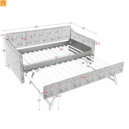 Bed Frame Daybed Twin Velvet Gray Pop-Up Trundle USB 300 lb