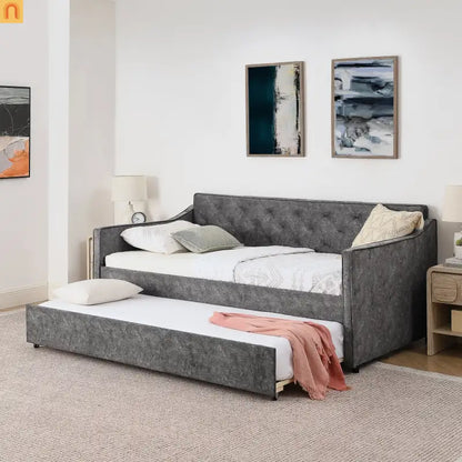 Bed Frame Daybed Twin Velvet Gray Pop-Up Trundle USB 300 lb