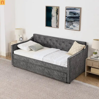 Bed Frame Daybed Twin Velvet Gray Pop-Up Trundle USB 300 lb