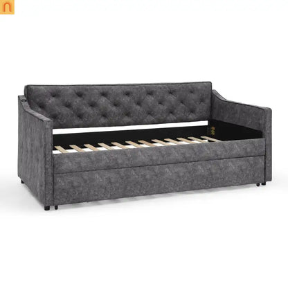Bed Frame Daybed Twin Velvet Gray Pop-Up Trundle USB 300 lb