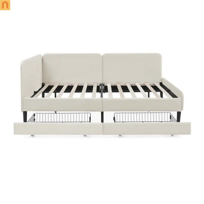 Bed Frame Platform Velvet Beige Full Storage Drawers 300 lb
