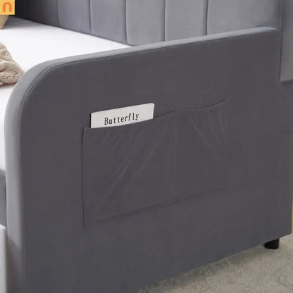 Bed Frame Daybed Twin Velvet Gray Roll-Out Trundle 250 lb