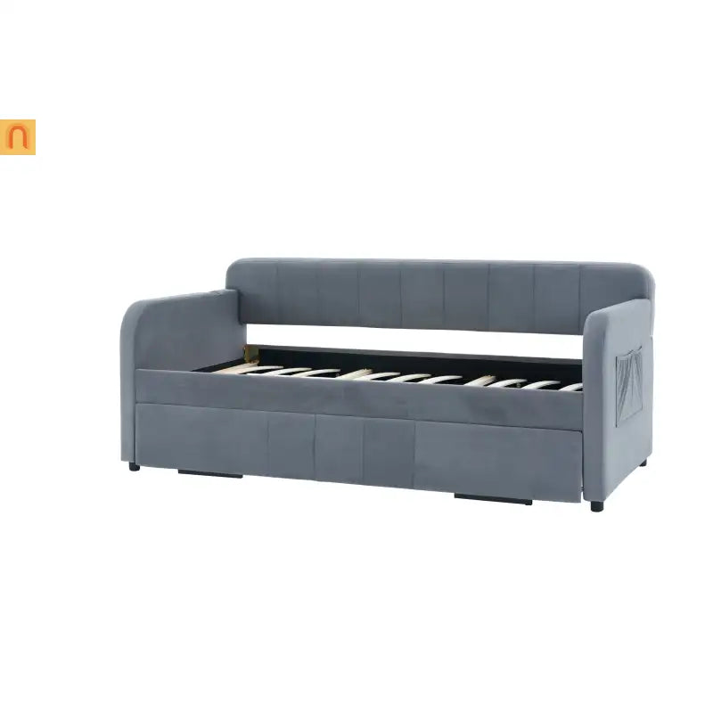 Bed Frame Daybed Twin Velvet Gray Roll-Out Trundle 250 lb