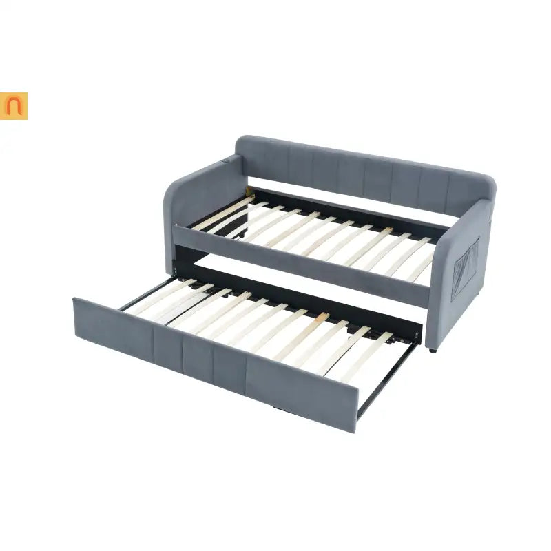 Bed Frame Daybed Twin Velvet Gray Roll-Out Trundle 250 lb