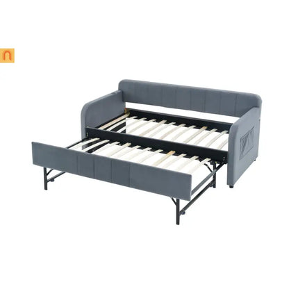 Bed Frame Daybed Twin Velvet Gray Roll-Out Trundle 250 lb