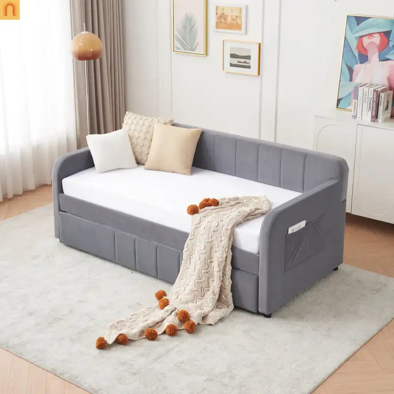 Bed Frame Daybed Twin Velvet Gray Roll-Out Trundle 250 lb