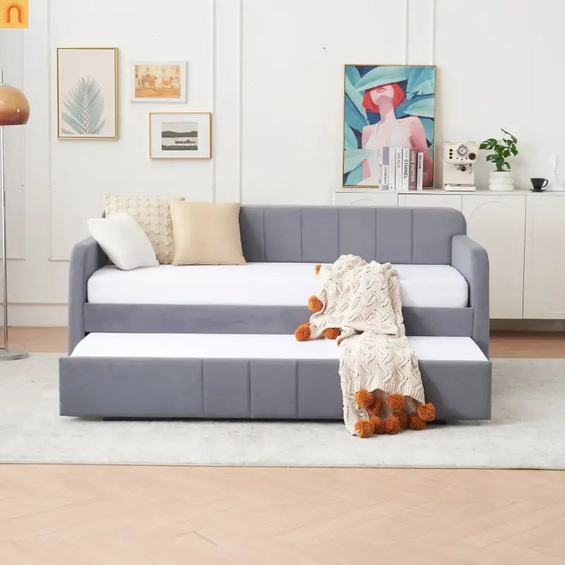 Bed Frame Daybed Twin Velvet Gray Roll-Out Trundle 250 lb