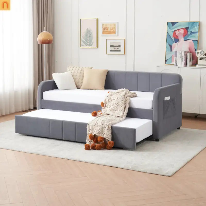 Bed Frame Daybed Twin Velvet Gray Roll-Out Trundle 250 lb