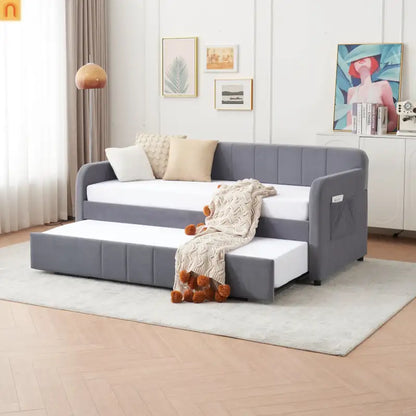 Bed Frame Daybed Twin Velvet Gray Roll-Out Trundle 250 lb