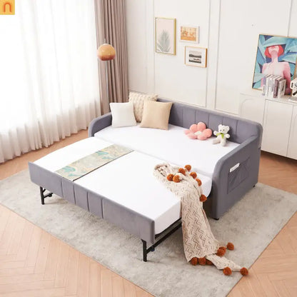 Bed Frame Daybed Twin Velvet Gray Roll-Out Trundle 250 lb