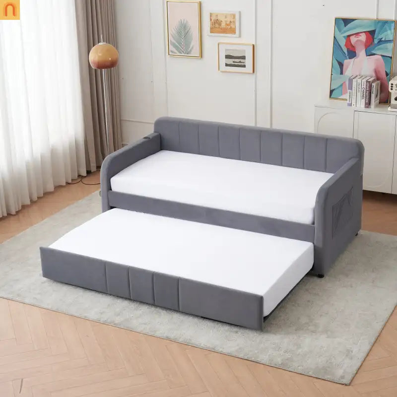 Bed Frame Daybed Twin Velvet Gray Roll-Out Trundle 250 lb