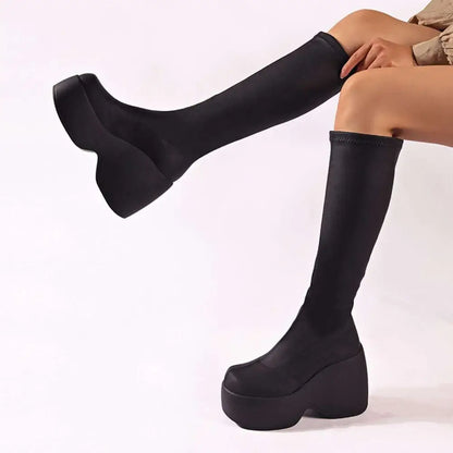 Platform Knee High Elastic Leather Boots