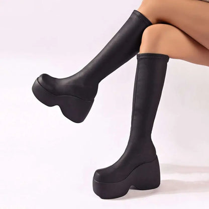 Platform Knee High Elastic Leather Boots