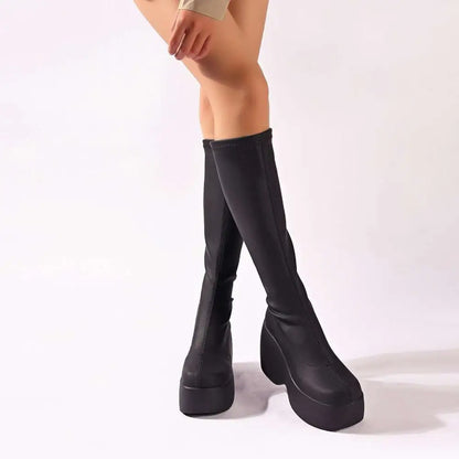 Platform Knee High Elastic Leather Boots
