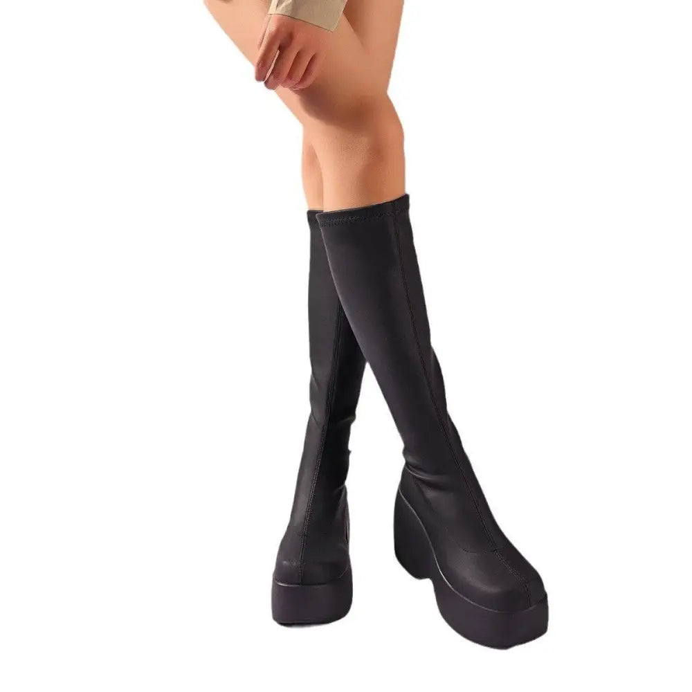 Platform Knee High Elastic Leather Boots