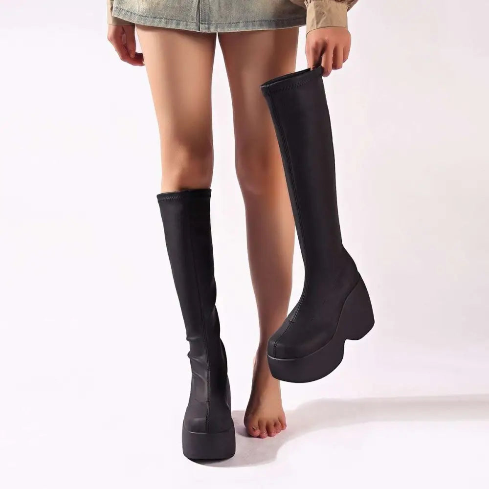 Platform Knee High Elastic Leather Boots