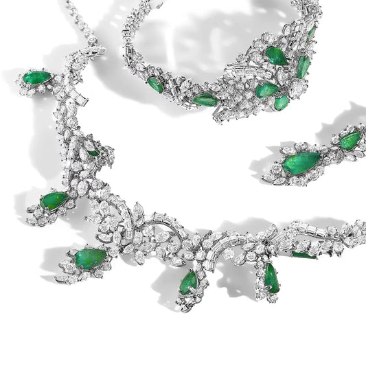 Platinum Diamond & Brazilian Emerald Jewelry Set – 38.30 ct Diamond, 19.76 ct Emerald, C. Dunaigre Certified