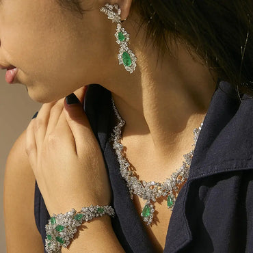 Platinum Diamond & Brazilian Emerald Jewelry Set – 38.30 ct Diamond, 19.76 ct Emerald, C. Dunaigre Certified