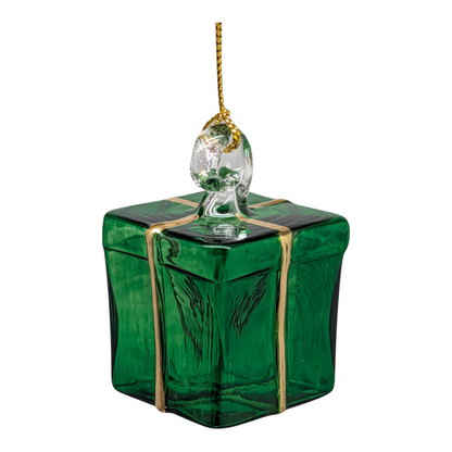 Blown Glass Present Ornament - Green