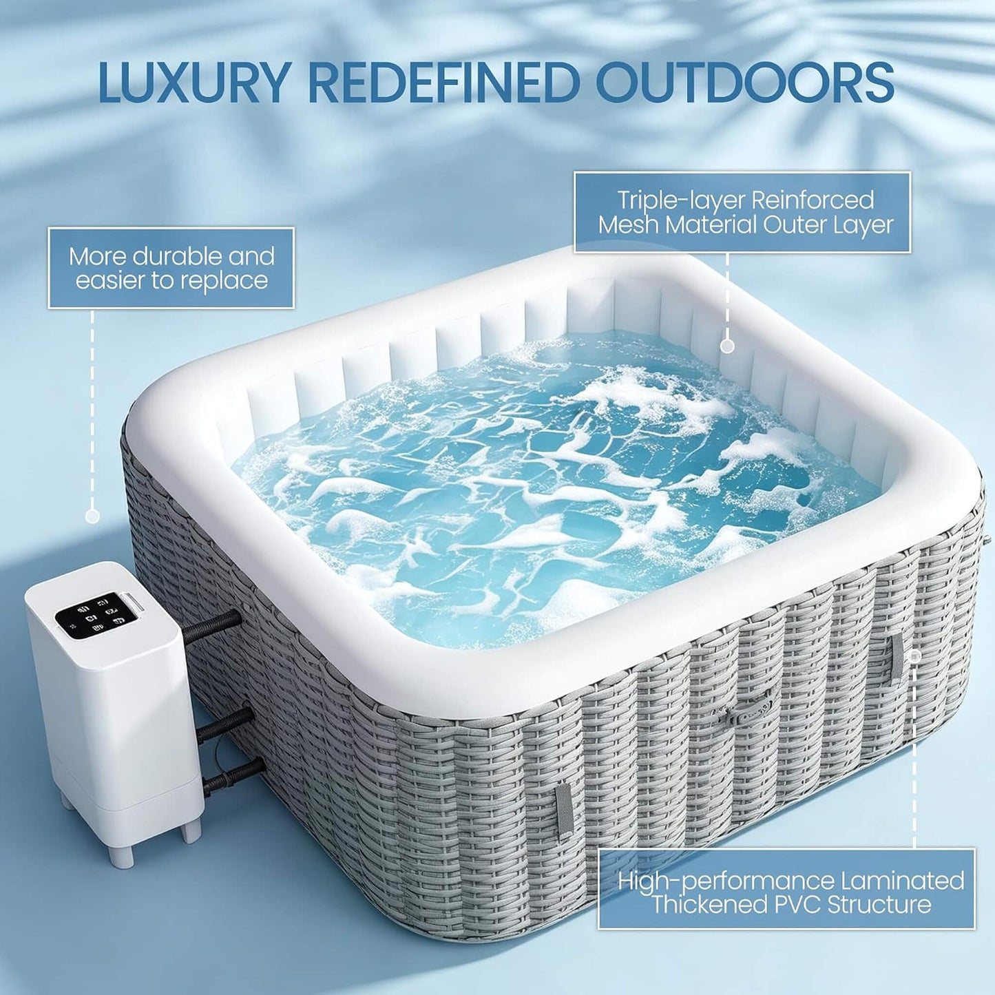 Premium 73-Inch Portable 6-Person Inflatable Square Hot Tub W/ 130 Massage Jets And 6 Filter Cartridges (SAK82109)