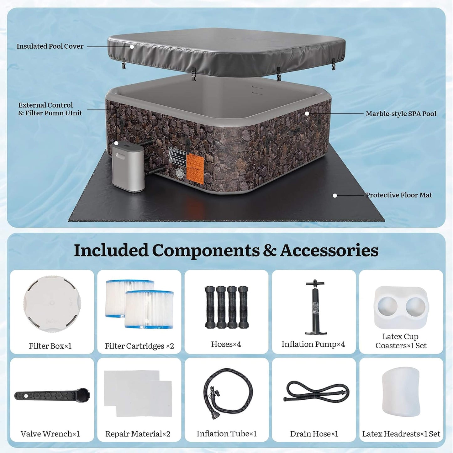 Premium 77-Inch Portable 6-Person Natural Stone Design Inflatable Square Hot Tub W/ 180 Massage Jets (SAK86251)