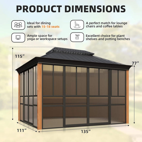 Alora Solstice Premium All-Season Outdoor Wood Grain Sunroom With Sliding Doors And Double Top Roof (SAK58317)