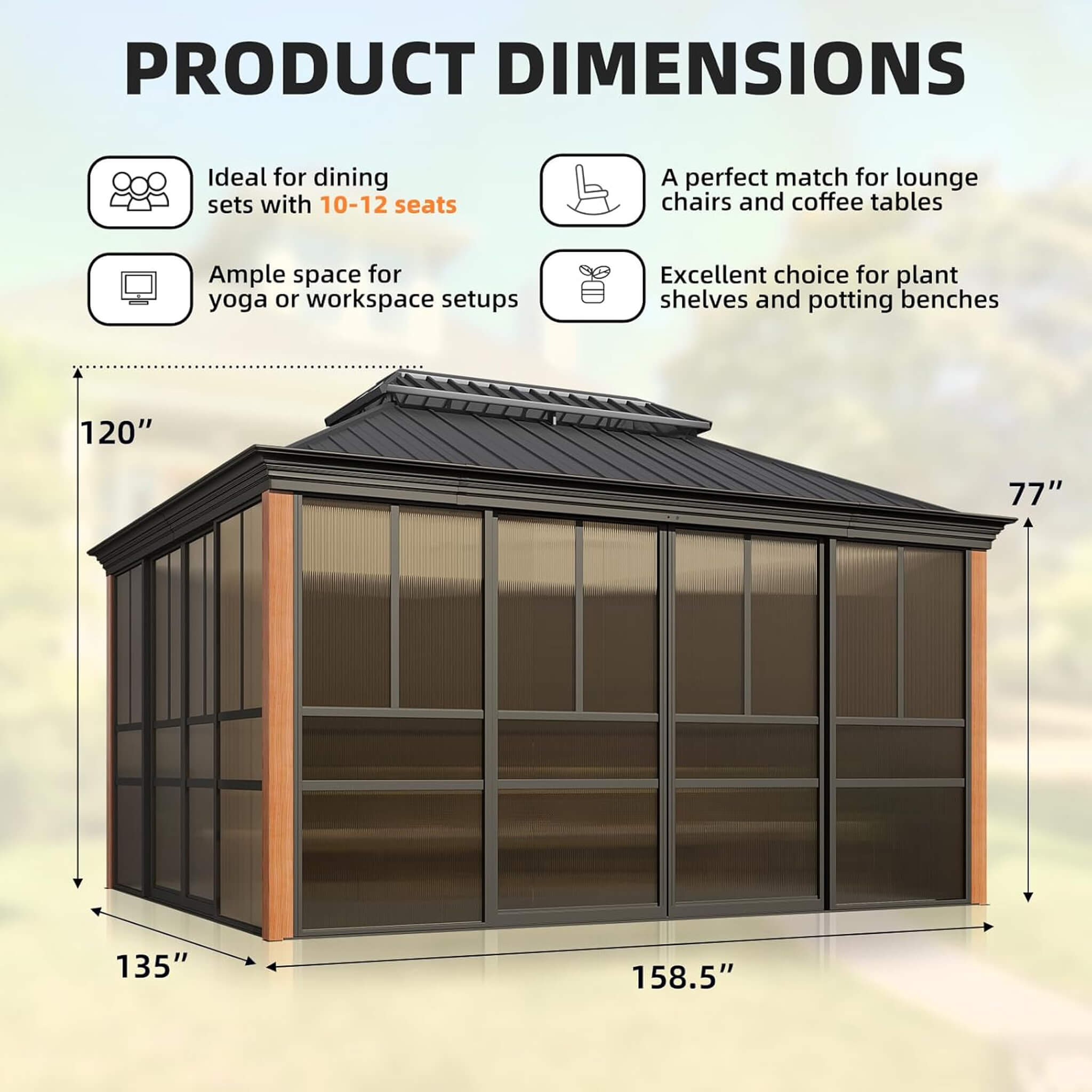 Alora Solstice Premium All-Season Outdoor Wood Grain Sunroom With Sliding Doors And Double Top Roof (SAK58317)