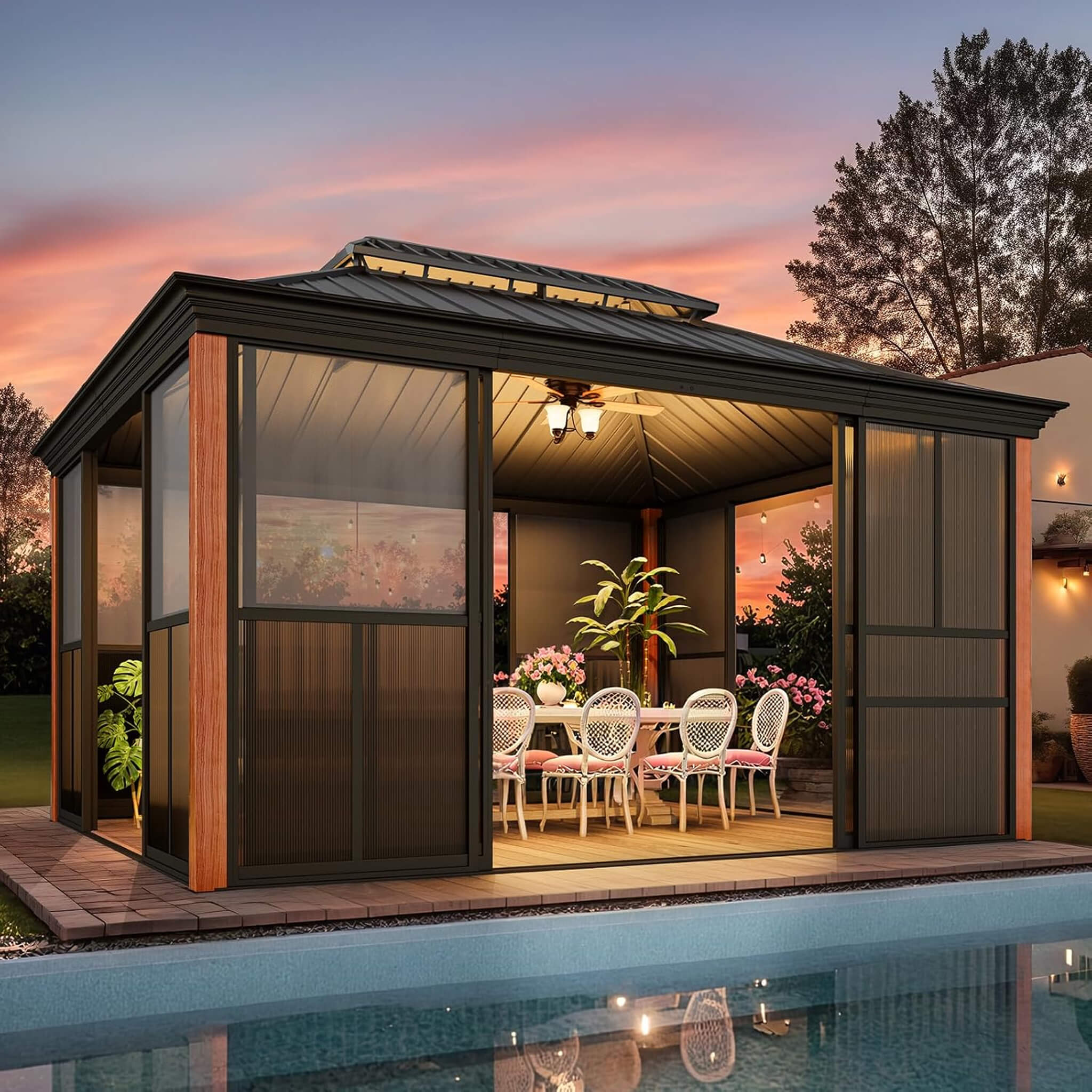 Alora Solstice Premium All-Season Outdoor Wood Grain Sunroom With Sliding Doors And Double Top Roof (SAK58317)