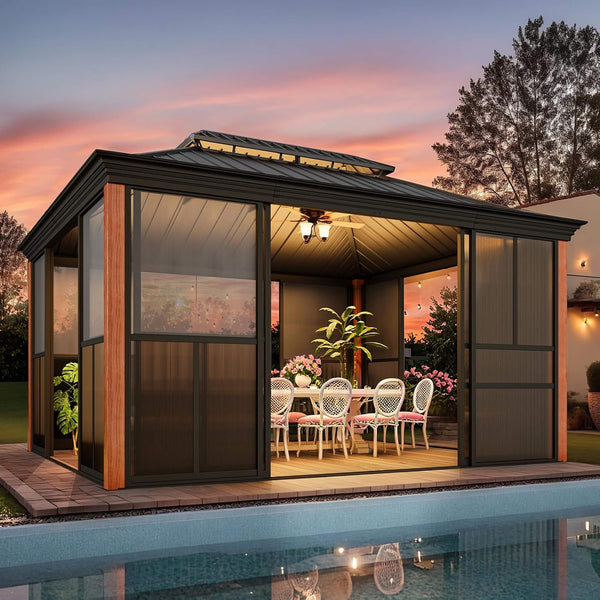Alora Solstice Premium All-Season Outdoor Wood Grain Sunroom With Sliding Doors And Double Top Roof (SAK58317)