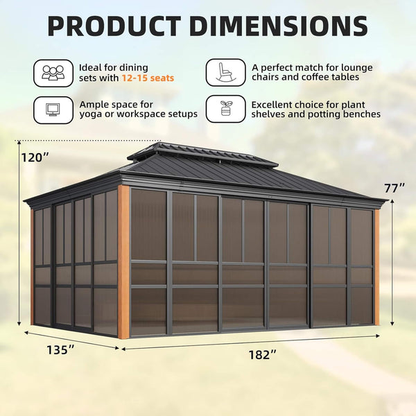 Alora Solstice Premium All-Season Outdoor Wood Grain Sunroom With Sliding Doors And Double Top Roof (SAK58317)
