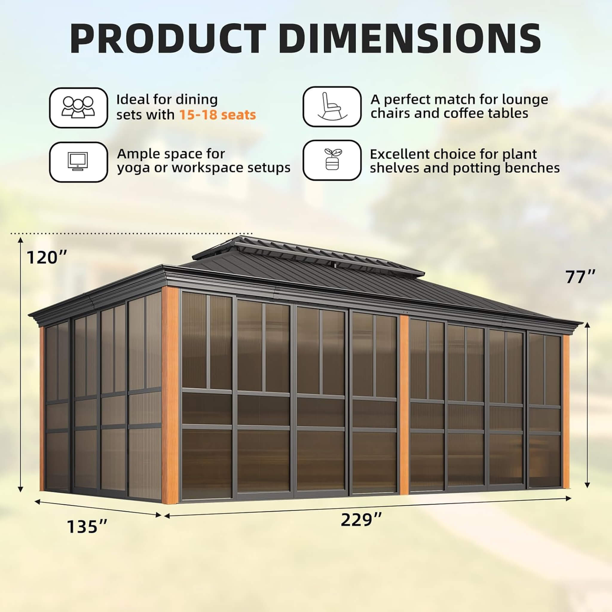 Alora Solstice Premium All-Season Outdoor Wood Grain Sunroom With Sliding Doors And Double Top Roof (SAK58317)