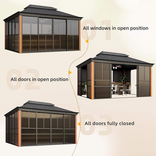 Alora Solstice Premium All-Season Outdoor Wood Grain Sunroom With Sliding Doors And Double Top Roof (SAK58317)