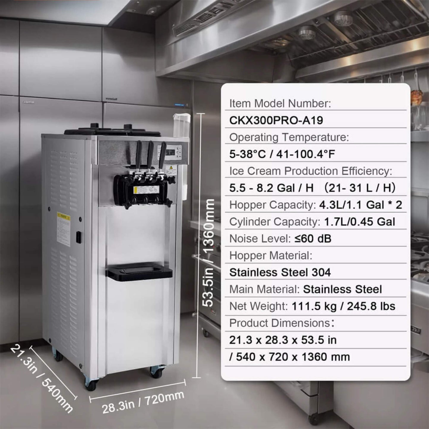 Commercial 21-31 L/H 3-Flavor Freestanding Soft Serve Ice Cream Machine Maker (SAK21874)