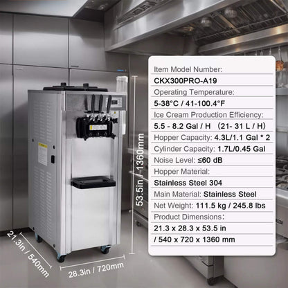 Commercial 21-31 L/H 3-Flavor Freestanding Soft Serve Ice Cream Machine Maker (SAK21874)