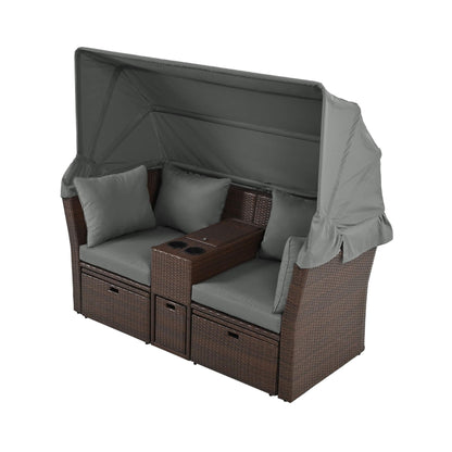 Alora Premium Outdoor 2-Seater Patio Daybed With Foldable Awning, Cushions, And Rattan Frame (SAK90233)