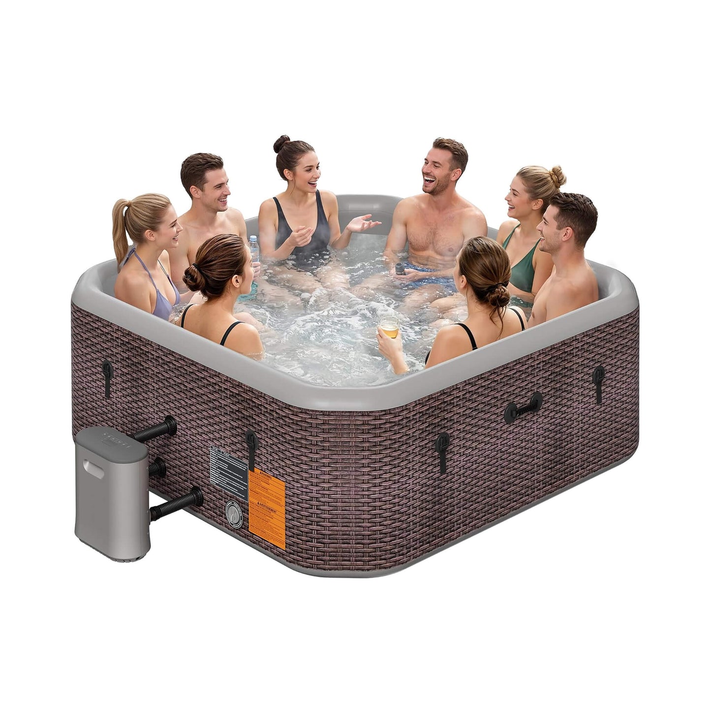 Premium 85-Inch Portable 8-Person Classic Rattan Design Inflatable Square Hot Tub With 220 Massage Jets (SAK56871)