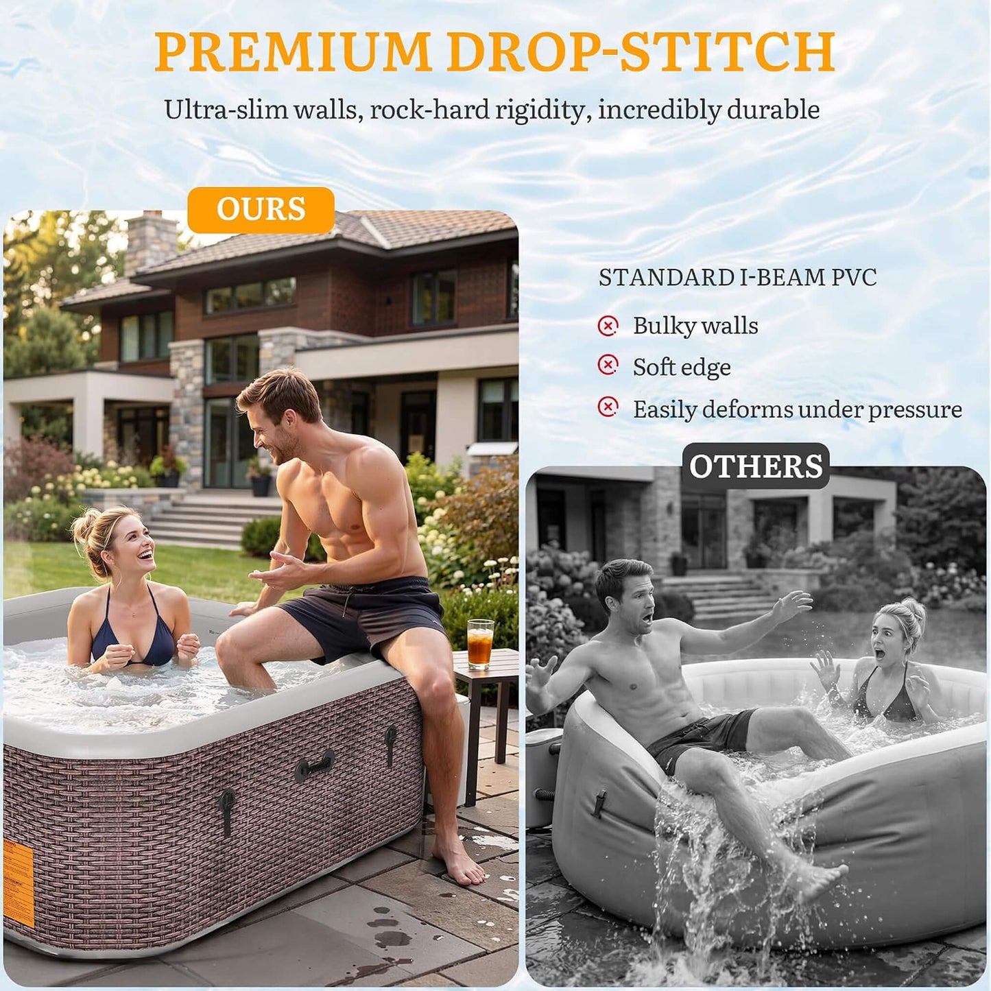 Premium 85-Inch Portable 8-Person Classic Rattan Design Inflatable Square Hot Tub With 220 Massage Jets (SAK56871)