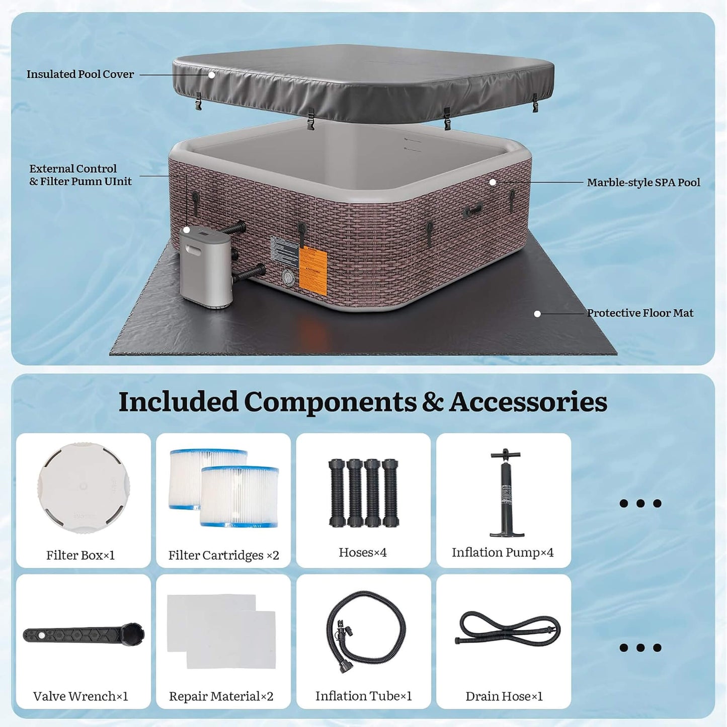Premium 85-Inch Portable 8-Person Classic Rattan Design Inflatable Square Hot Tub With 220 Massage Jets (SAK56871)